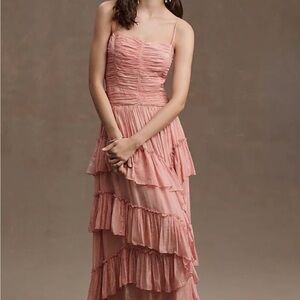 Anthropologie x BHLDN Jessa Asymmetrical Ruffled Metallic Drop Waist Gown